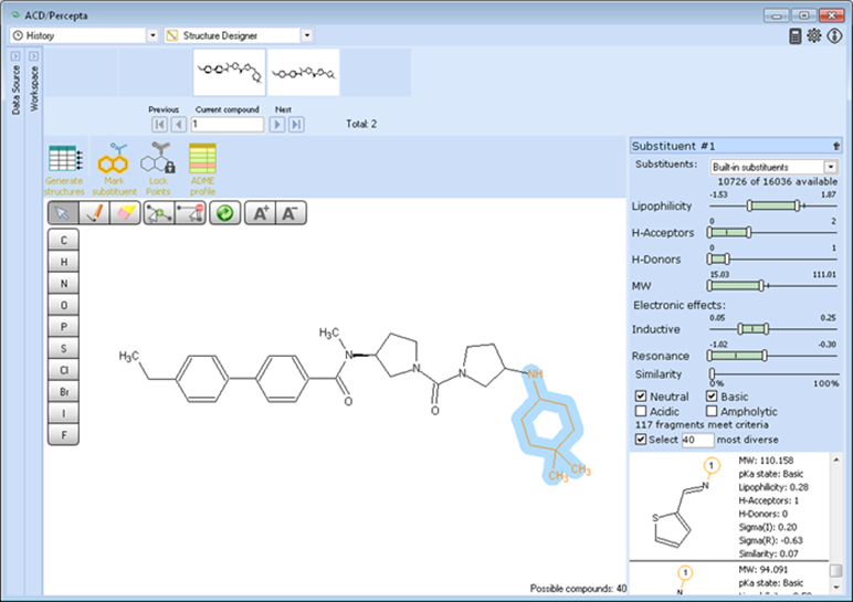 Structure Design Engine interface—the portion of the molecule to be optimized is selected. The fragment database may also be further refined to focus on the most suitable substituents.