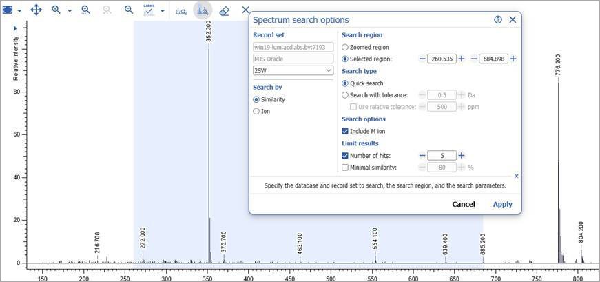 Select a region of the spectrum to search against (highlighted blue) and define your spectral search criteria.