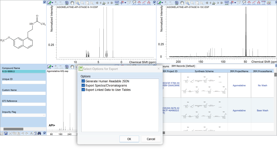 A compound record set with all reference analytical data for the material of interest can be exported as JSON files directly from Luminata.